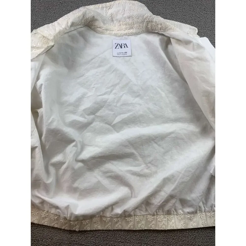 Zara Embroidered Jacket Kids13-14 Cream Floral Eyelet Bomber Elastic‎ Hem